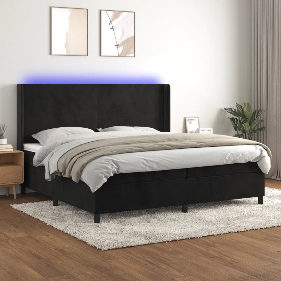 Boxspring Met Matras En Led Fluweel Zwart 200 x 200 cm Effen ontwerp