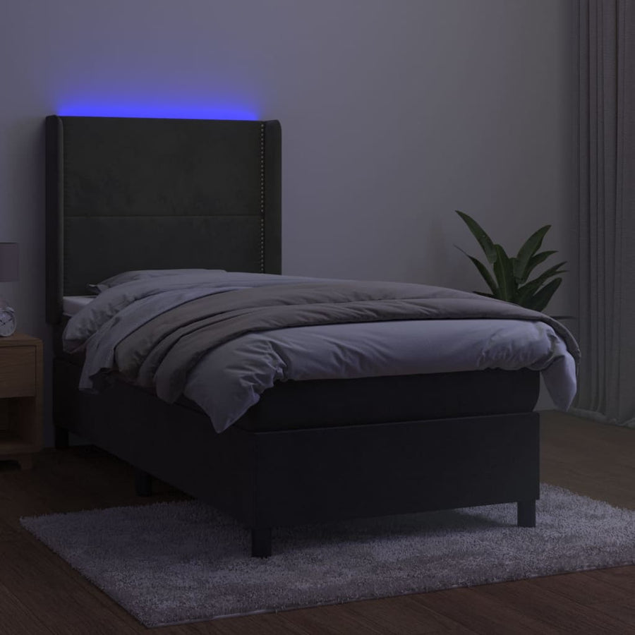 Boxspring Met Matras En Led Fluweel Donkergrijs 90 x 200 cm Effen met spijkers