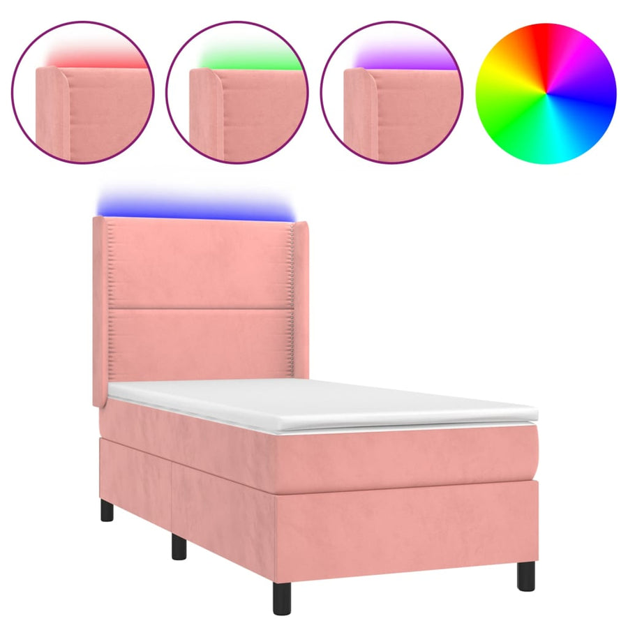 Boxspring Met Matras En Led Fluweel Roze 90 x 200 cm Effen met spijkers