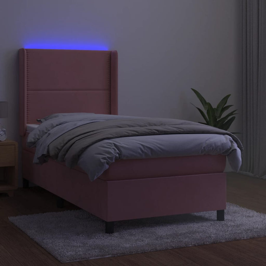 Boxspring Met Matras En Led Fluweel Roze 90 x 200 cm Effen met spijkers