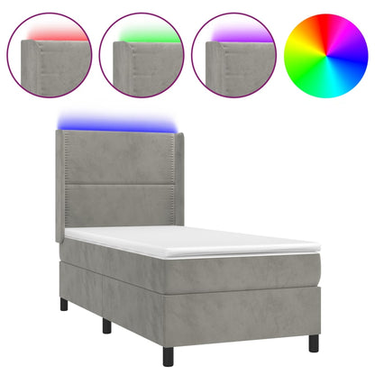 Boxspring Met Matras En Led Fluweel Lichtgrijs 100 x 200 cm Effen met spijkers