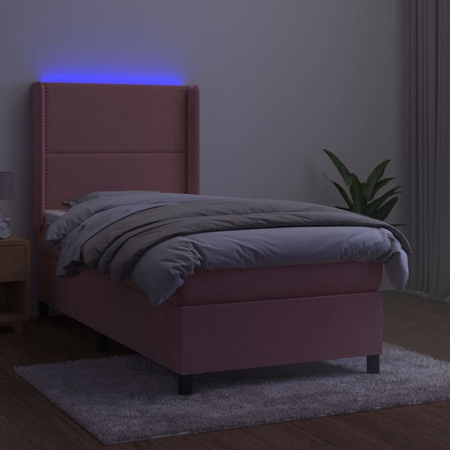 Boxspring Met Matras En Led Fluweel Roze 100 x 200 cm Effen met spijkers