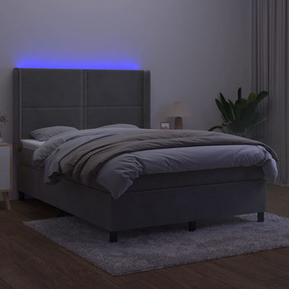 Boxspring Met Matras En Led Fluweel Lichtgrijs 140 x 190 cm Effen met spijkers