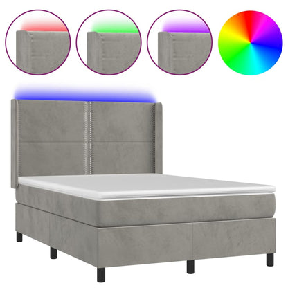 Boxspring Met Matras En Led Fluweel Lichtgrijs 140 x 200 cm Effen met spijkers