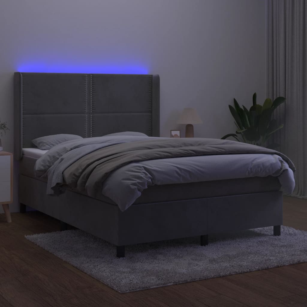 Boxspring Met Matras En Led Fluweel Lichtgrijs 140 x 200 cm Effen met spijkers