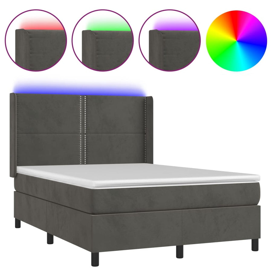 Boxspring Met Matras En Led Fluweel Donkergrijs 140 x 200 cm Effen met spijkers
