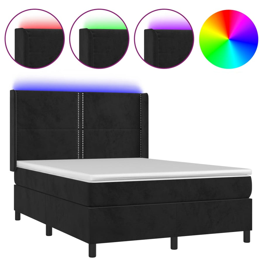 Boxspring Met Matras En Led Fluweel Zwart 140 x 200 cm Effen met spijkers