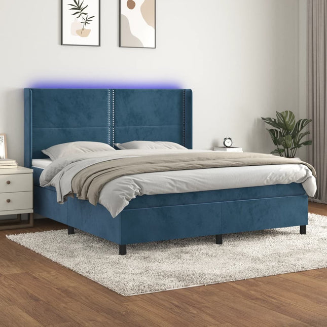 Boxspring Met Matras En Led Fluweel Donkerblauw 160 x 200 cm Effen met spijkers