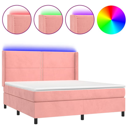 Boxspring Met Matras En Led Fluweel Roze 160 x 200 cm Effen met spijkers