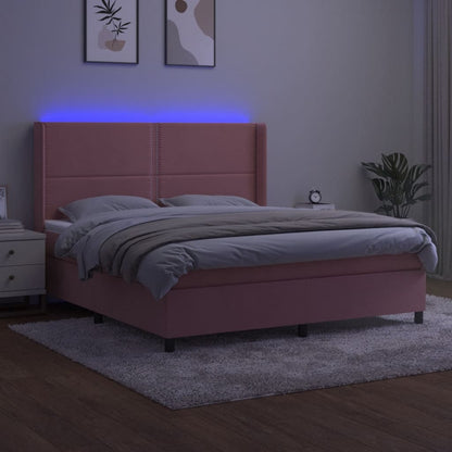 Boxspring Met Matras En Led Fluweel Roze 160 x 200 cm Effen met spijkers