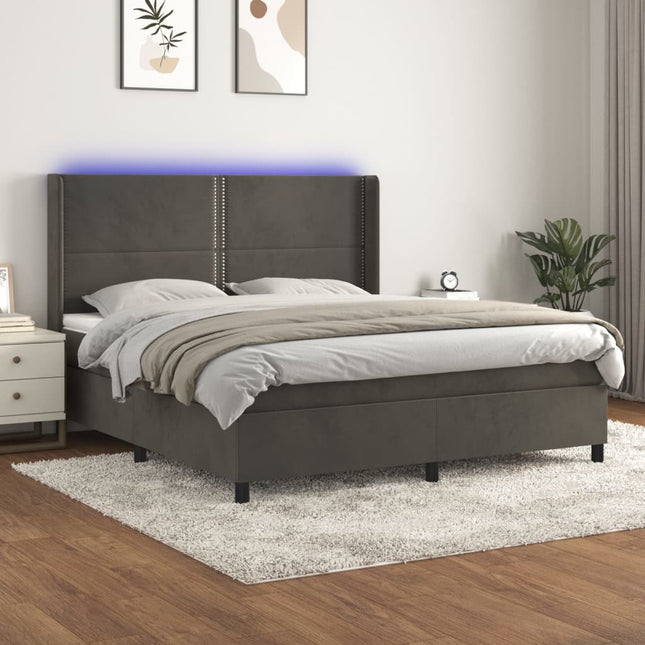 Boxspring Met Matras En Led Fluweel Donkergrijs 180 x 200 cm Effen met spijkers