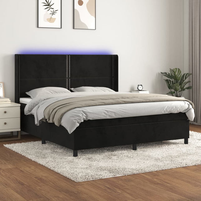 Boxspring Met Matras En Led Fluweel Zwart 180 x 200 cm Effen met spijkers