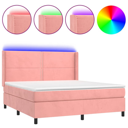 Boxspring Met Matras En Led Fluweel Roze 180 x 200 cm Effen met spijkers
