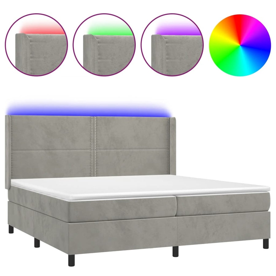 Boxspring Met Matras En Led Fluweel Lichtgrijs 200 x 200 cm Effen met spijkers