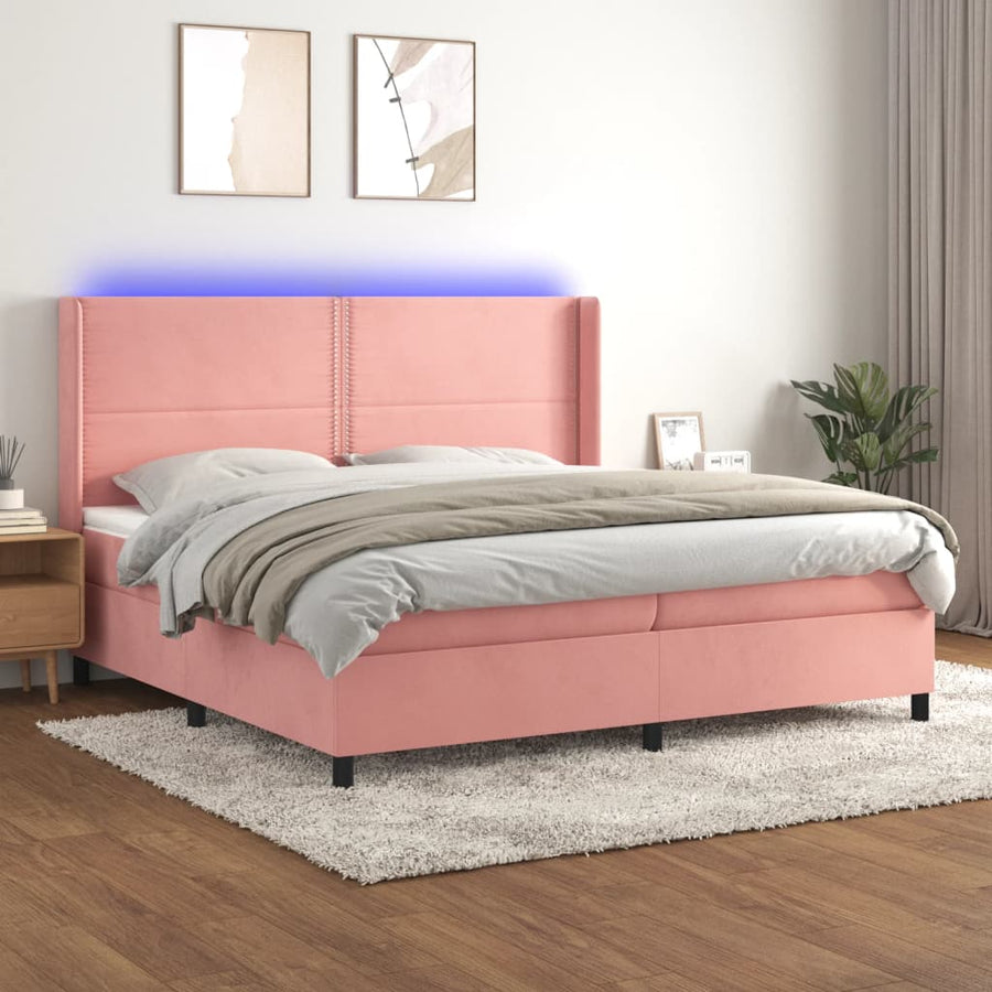 Boxspring Met Matras En Led Fluweel Roze 200 x 200 cm Effen met spijkers