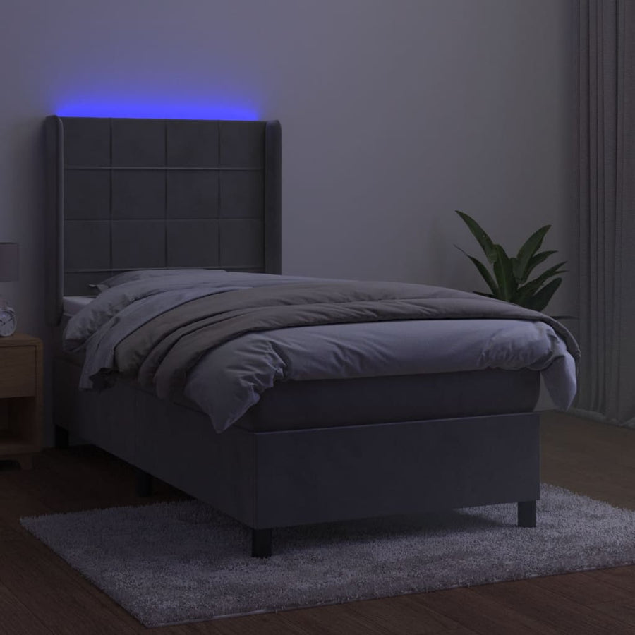 Boxspring Met Matras En Led Fluweel Lichtgrijs 80 x 200 cm Blok met vierkanten