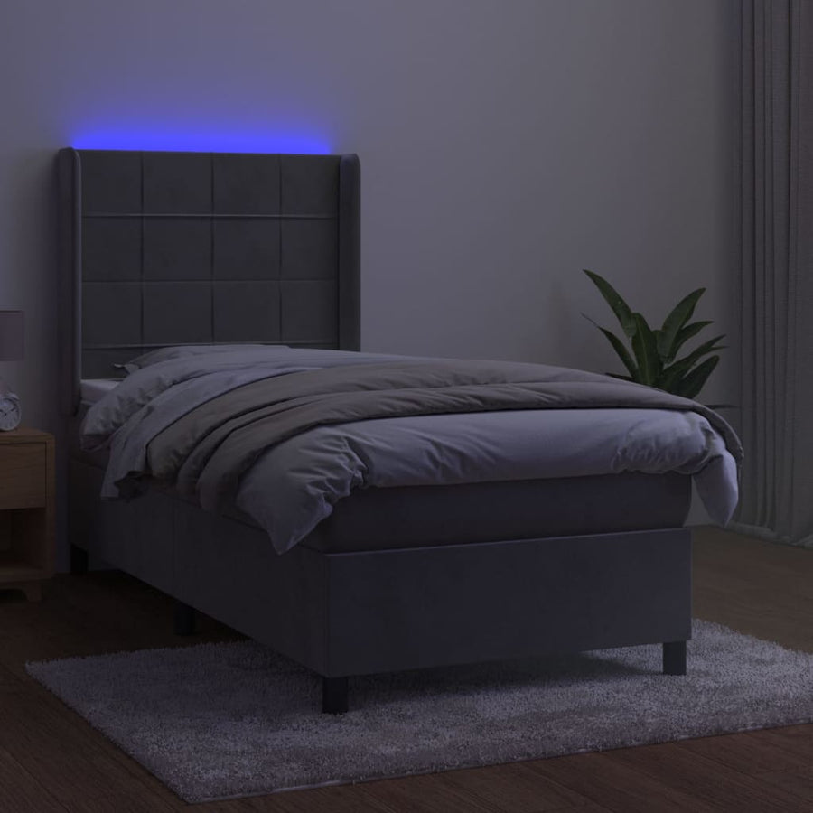 Boxspring Met Matras En Led Fluweel Lichtgrijs 90 x 190 cm Blok met vierkanten
