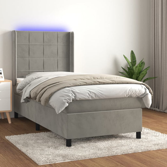 Boxspring Met Matras En Led Fluweel Lichtgrijs 90 x 190 cm Blok met vierkanten