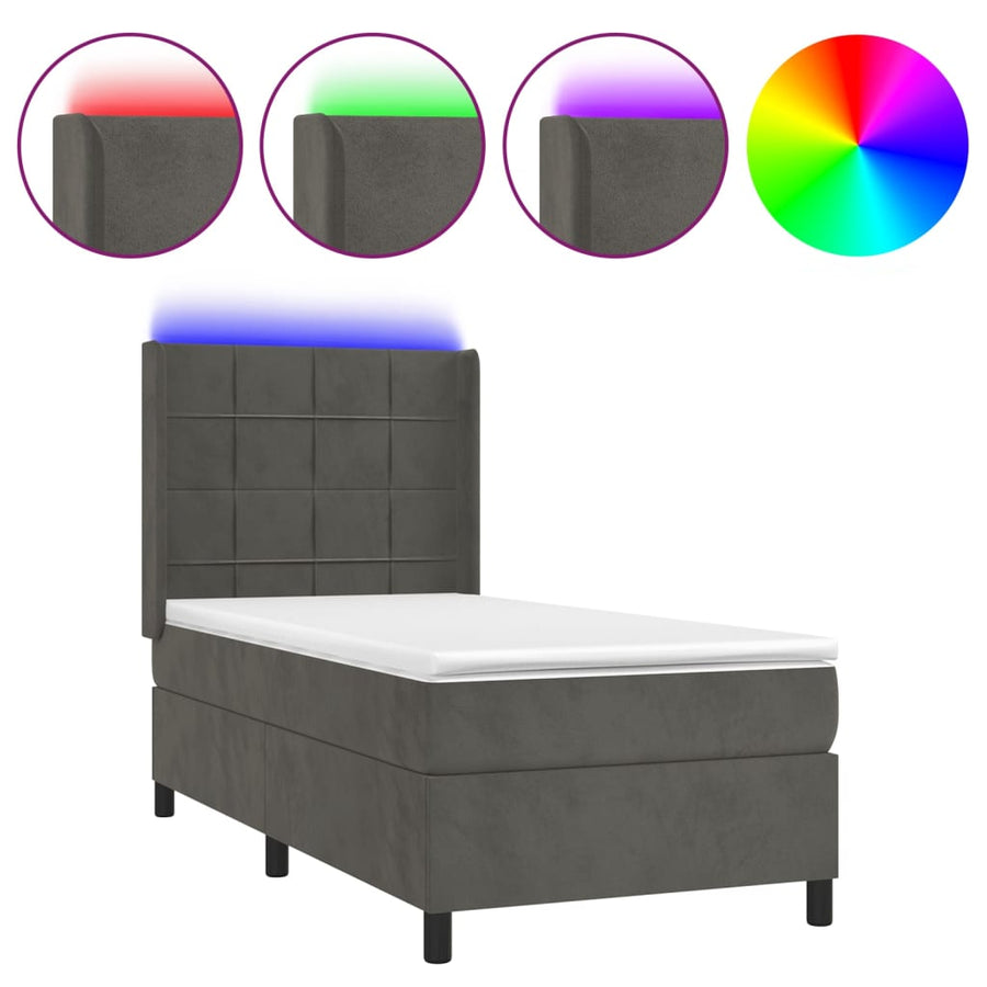 Boxspring Met Matras En Led Fluweel Donkergrijs 90 x 190 cm Blok met vierkanten