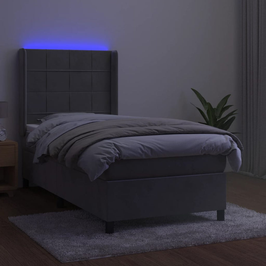 Boxspring Met Matras En Led Fluweel Lichtgrijs 90 x 200 cm Blok met vierkanten