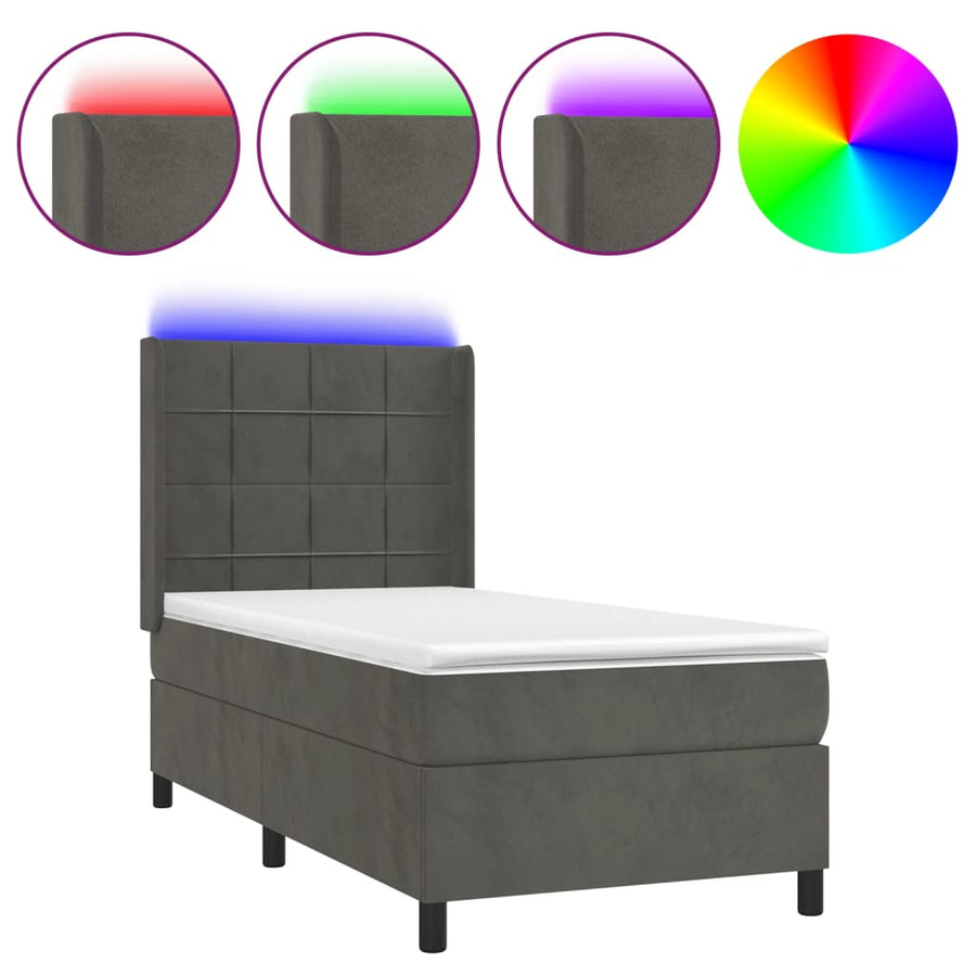 Boxspring Met Matras En Led Fluweel Donkergrijs 90 x 200 cm Blok met vierkanten