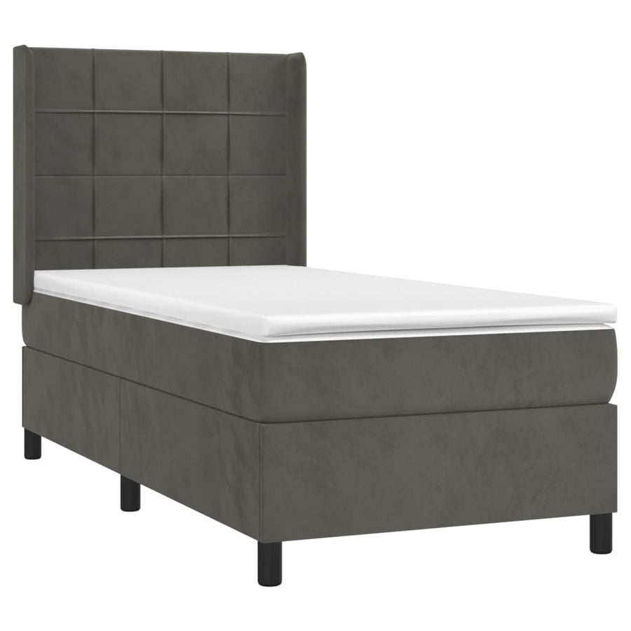 Boxspring Met Matras En Led Fluweel Donkergrijs 90 x 200 cm Blok met vierkanten