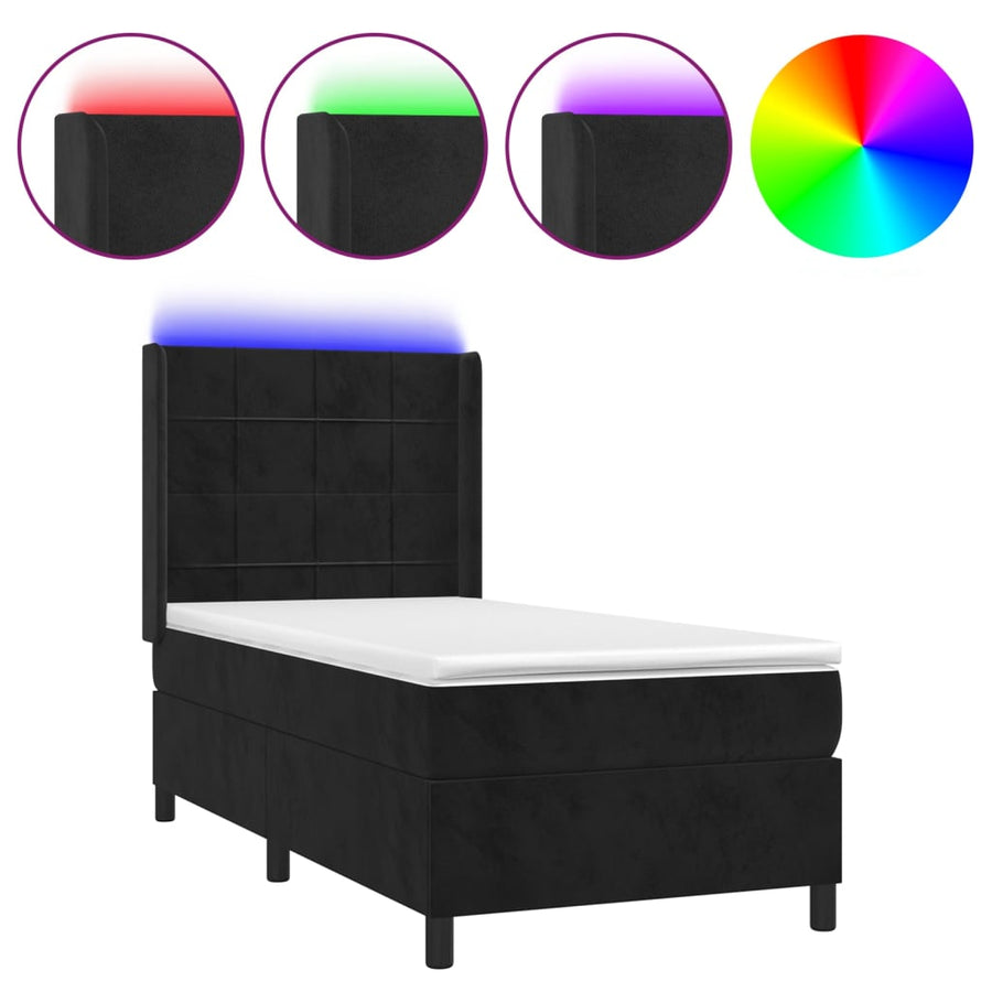 Boxspring Met Matras En Led Fluweel Zwart 90 x 200 cm Blok met vierkanten