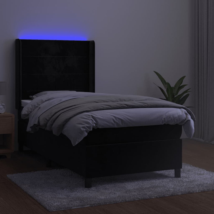 Boxspring Met Matras En Led Fluweel Zwart 90 x 200 cm Blok met vierkanten