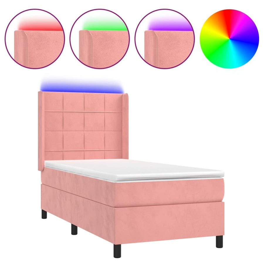 Boxspring Met Matras En Led Fluweel Roze 100 x 200 cm Blok met vierkanten