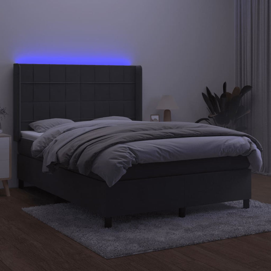 Boxspring Met Matras En Led Fluweel Donkergrijs 140 x 190 cm Blok met vierkanten