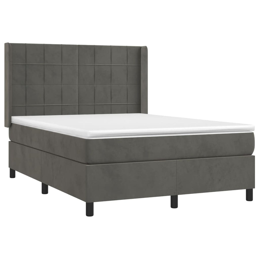 Boxspring Met Matras En Led Fluweel Donkergrijs 140 x 190 cm Blok met vierkanten