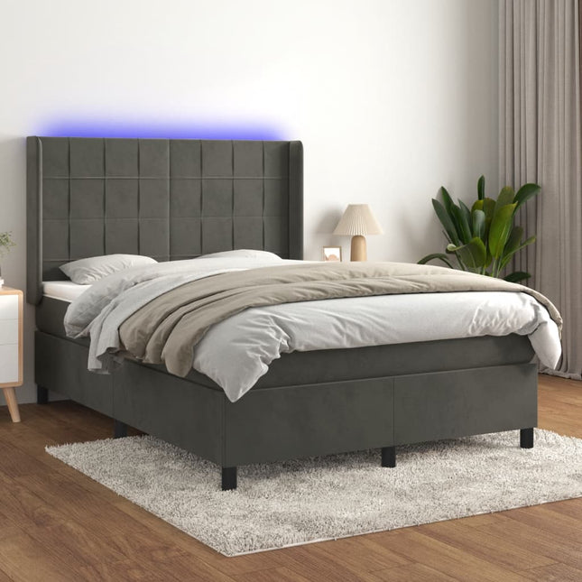 Boxspring Met Matras En Led Fluweel Donkergrijs 140 x 190 cm Blok met vierkanten