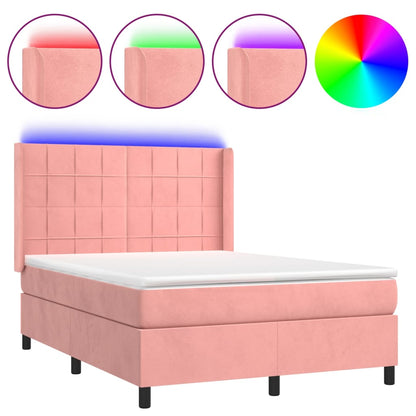 Boxspring Met Matras En Led Fluweel Roze 140 x 190 cm Blok met vierkanten