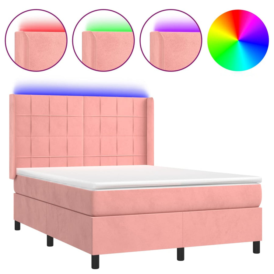 Boxspring Met Matras En Led Fluweel Roze 140 x 190 cm Blok met vierkanten