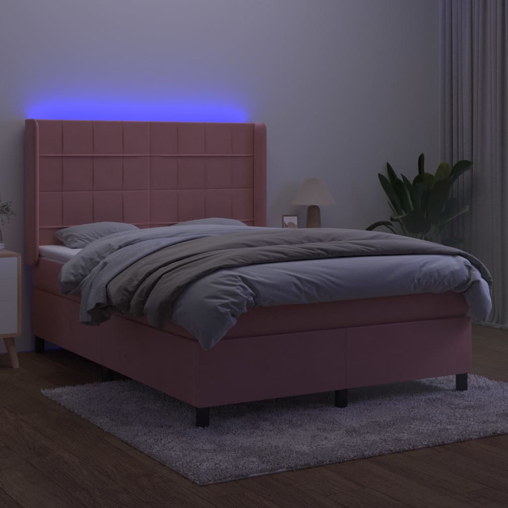 Boxspring Met Matras En Led Fluweel Roze 140 x 190 cm Blok met vierkanten
