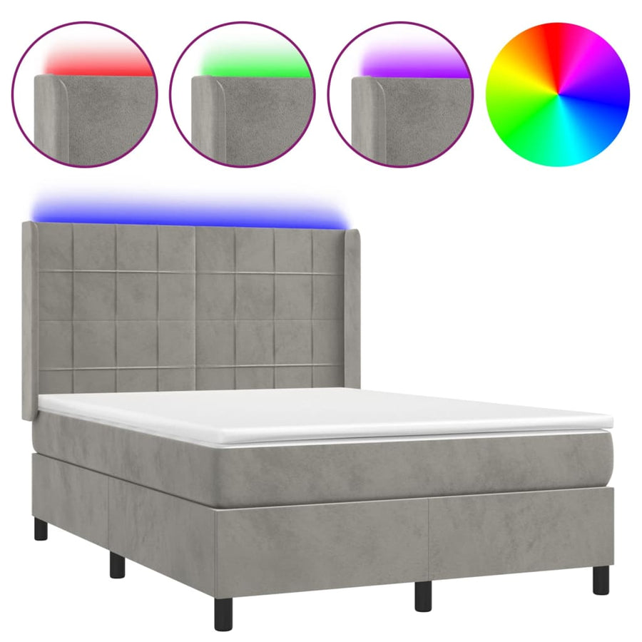 Boxspring Met Matras En Led Fluweel Lichtgrijs 140 x 200 cm Blok met vierkanten