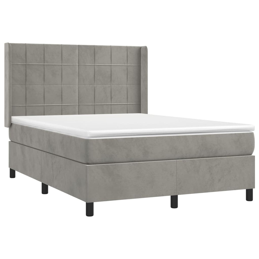 Boxspring Met Matras En Led Fluweel Lichtgrijs 140 x 200 cm Blok met vierkanten