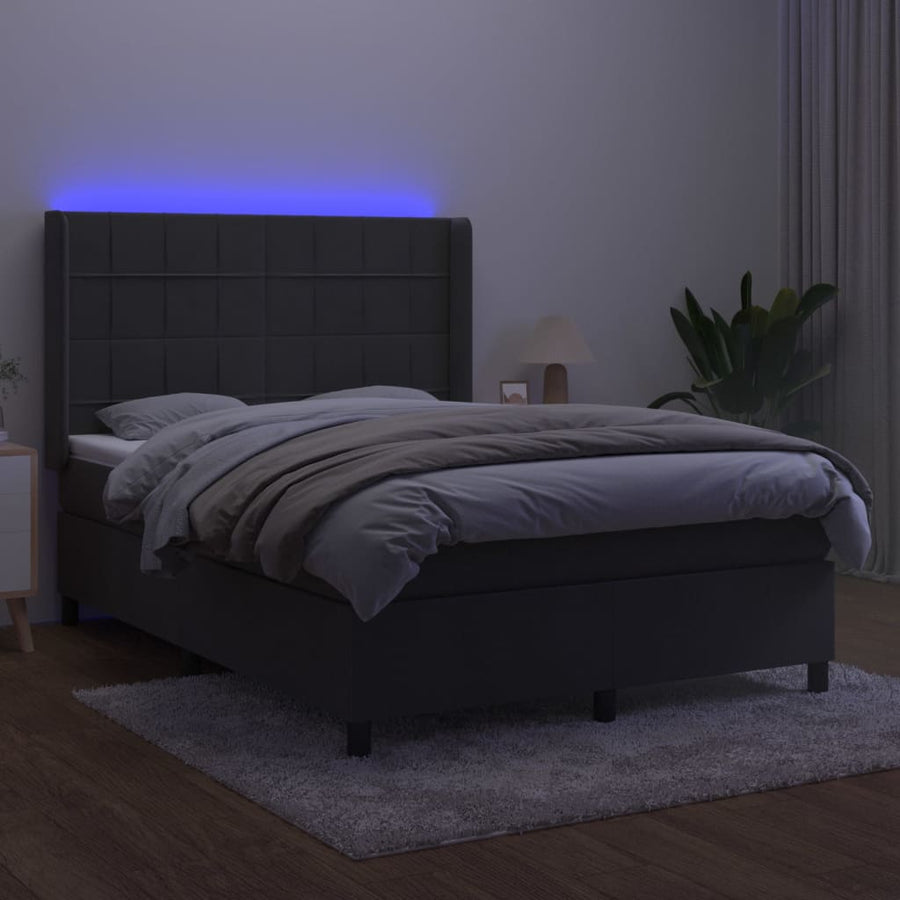 Boxspring Met Matras En Led Fluweel Donkergrijs 140 x 200 cm Blok met vierkanten