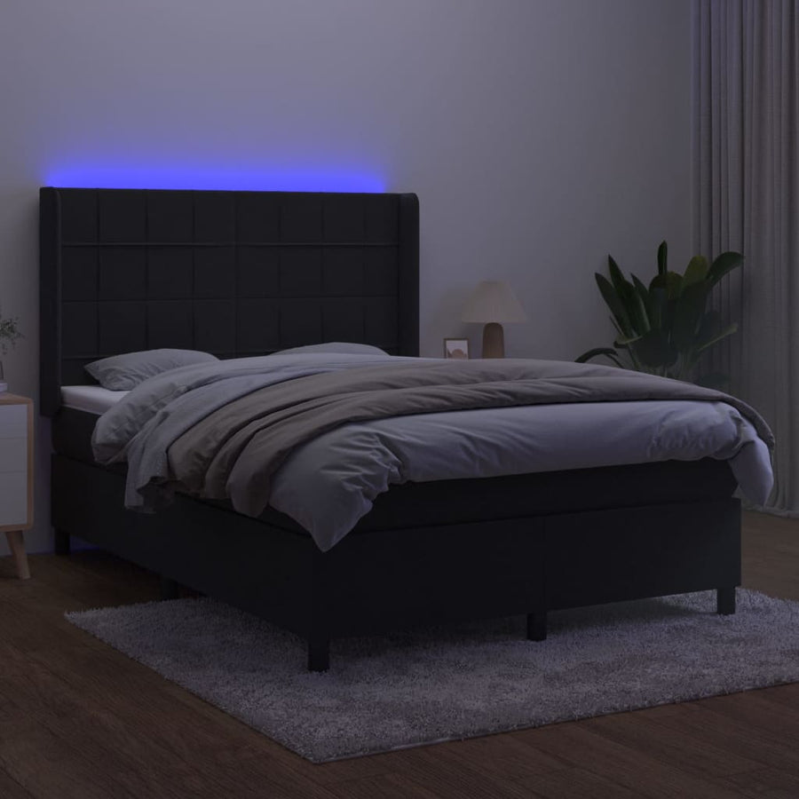 Boxspring Met Matras En Led Fluweel Zwart 140 x 200 cm Blok met vierkanten
