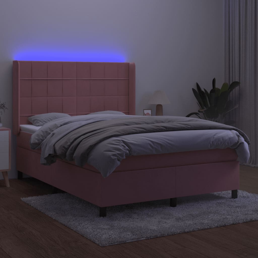 Boxspring Met Matras En Led Fluweel Roze 140 x 200 cm Blok met vierkanten