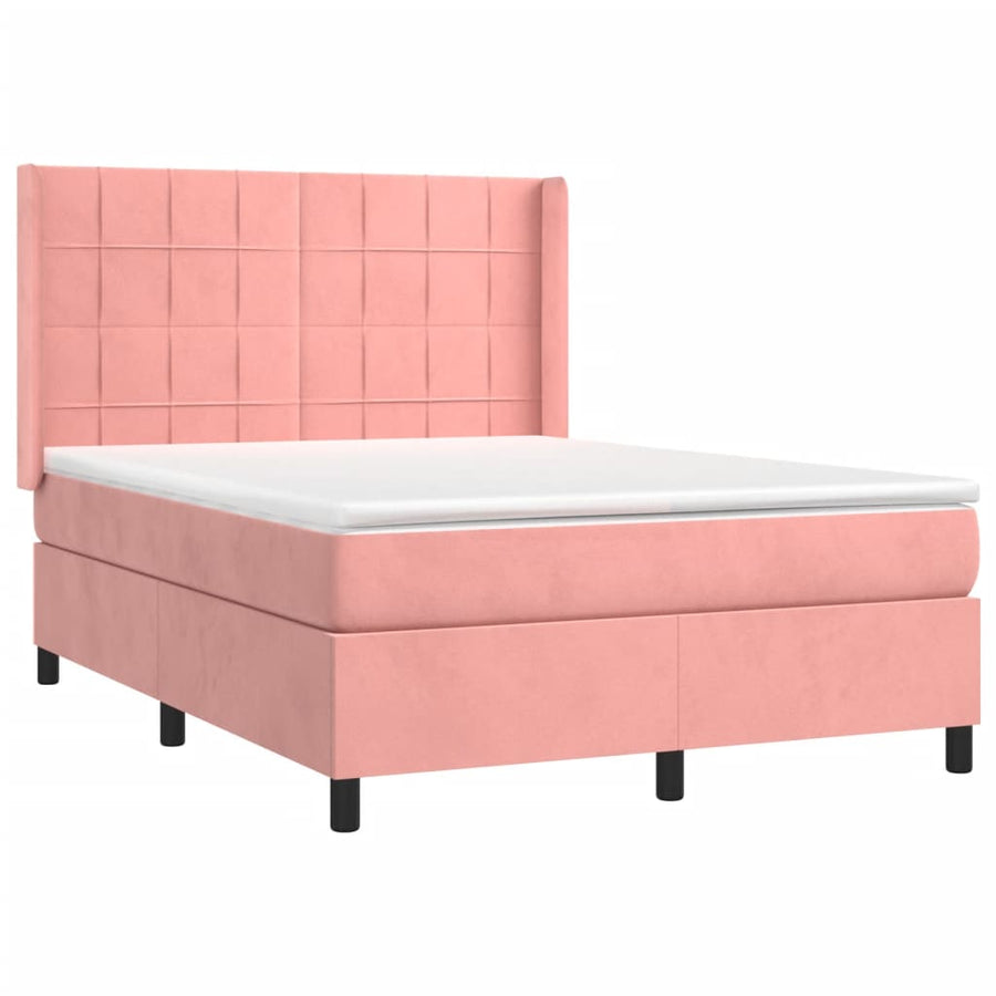 Boxspring Met Matras En Led Fluweel Roze 140 x 200 cm Blok met vierkanten