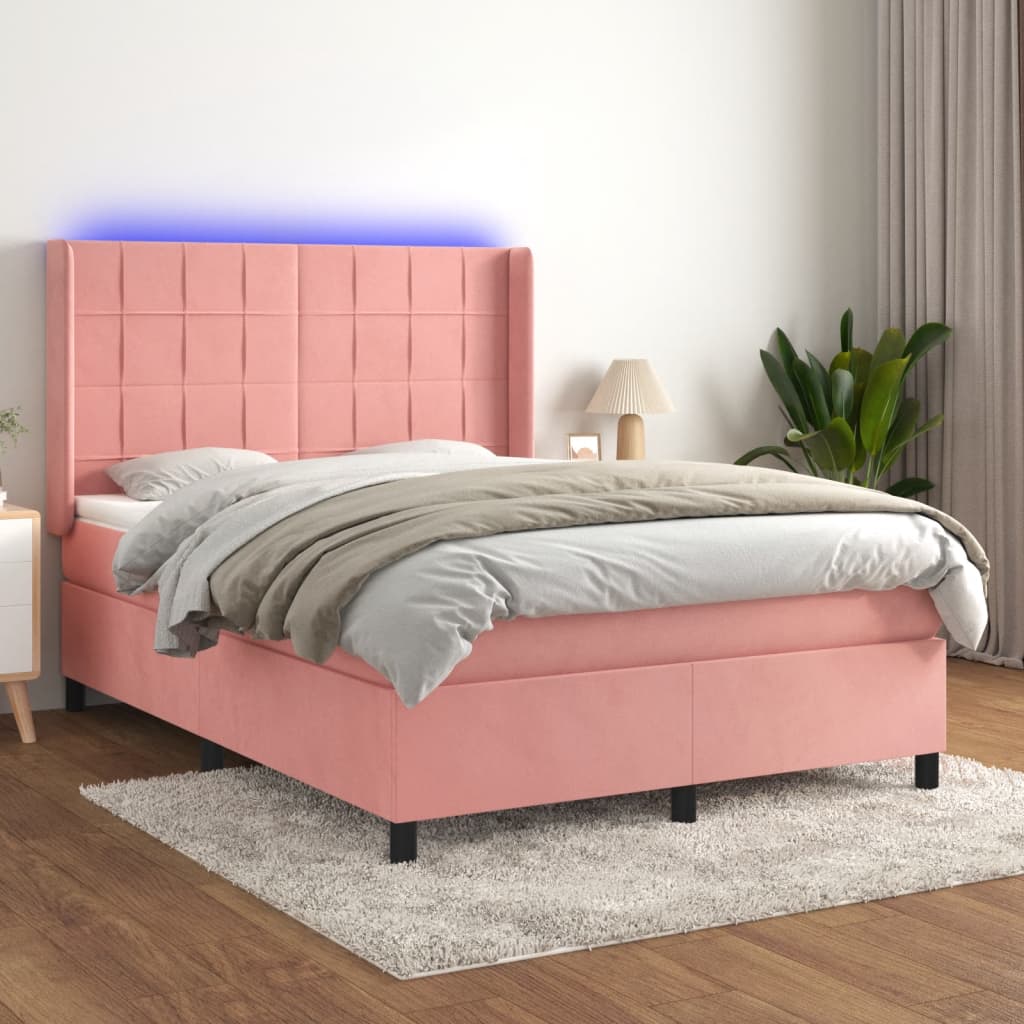Boxspring Met Matras En Led Fluweel Roze 140 x 200 cm Blok met vierkanten