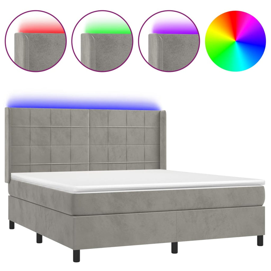 Boxspring Met Matras En Led Fluweel Lichtgrijs 160 x 200 cm Blok met vierkanten