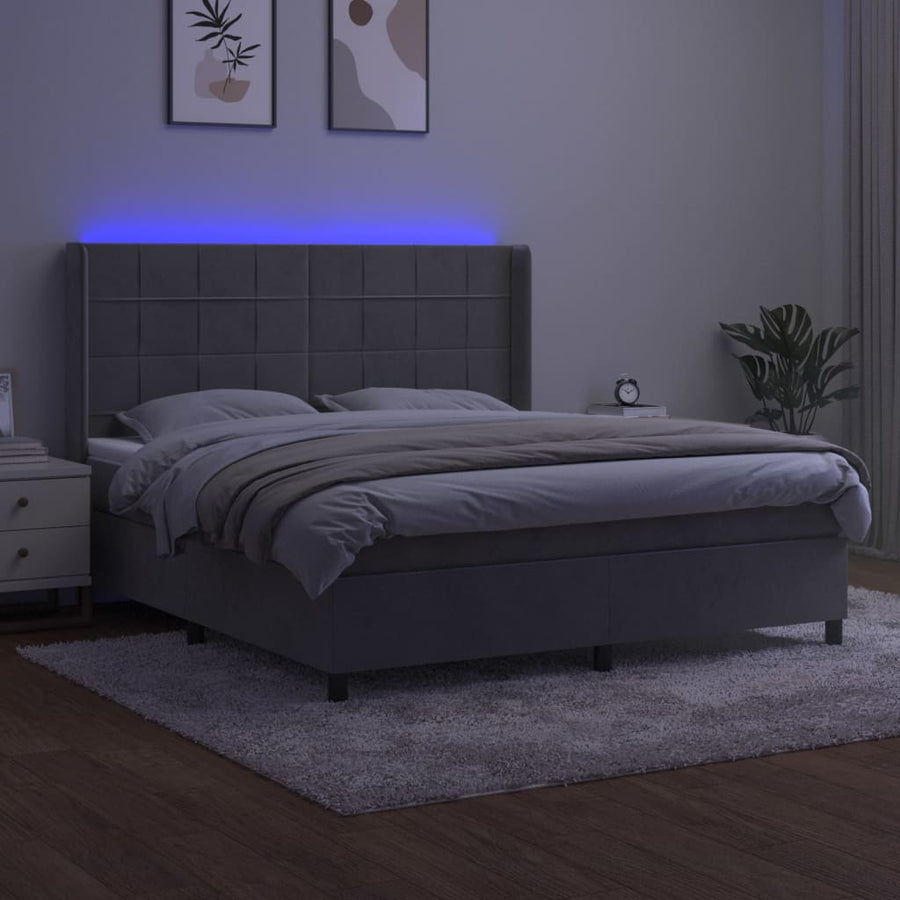 Boxspring Met Matras En Led Fluweel Lichtgrijs 160 x 200 cm Blok met vierkanten