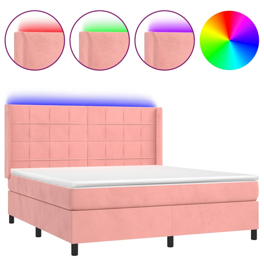 Boxspring Met Matras En Led Fluweel Roze 160 x 200 cm Blok met vierkanten
