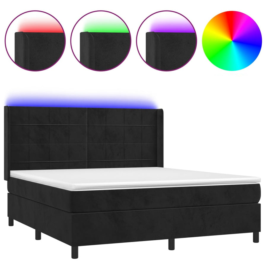 Boxspring Met Matras En Led Fluweel Zwart 180 x 200 cm Blok met vierkanten
