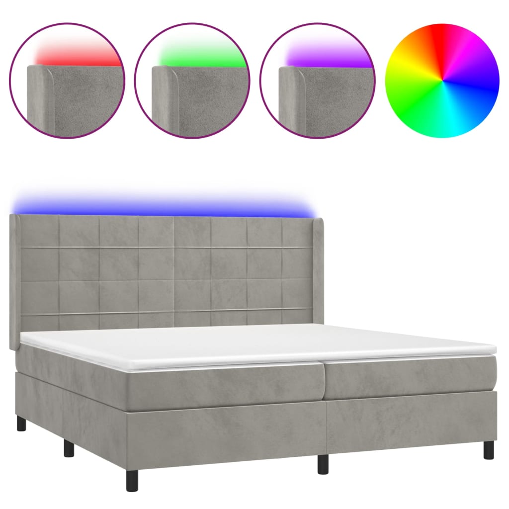 Boxspring Met Matras En Led Fluweel Lichtgrijs 200 x 200 cm Blok met vierkanten