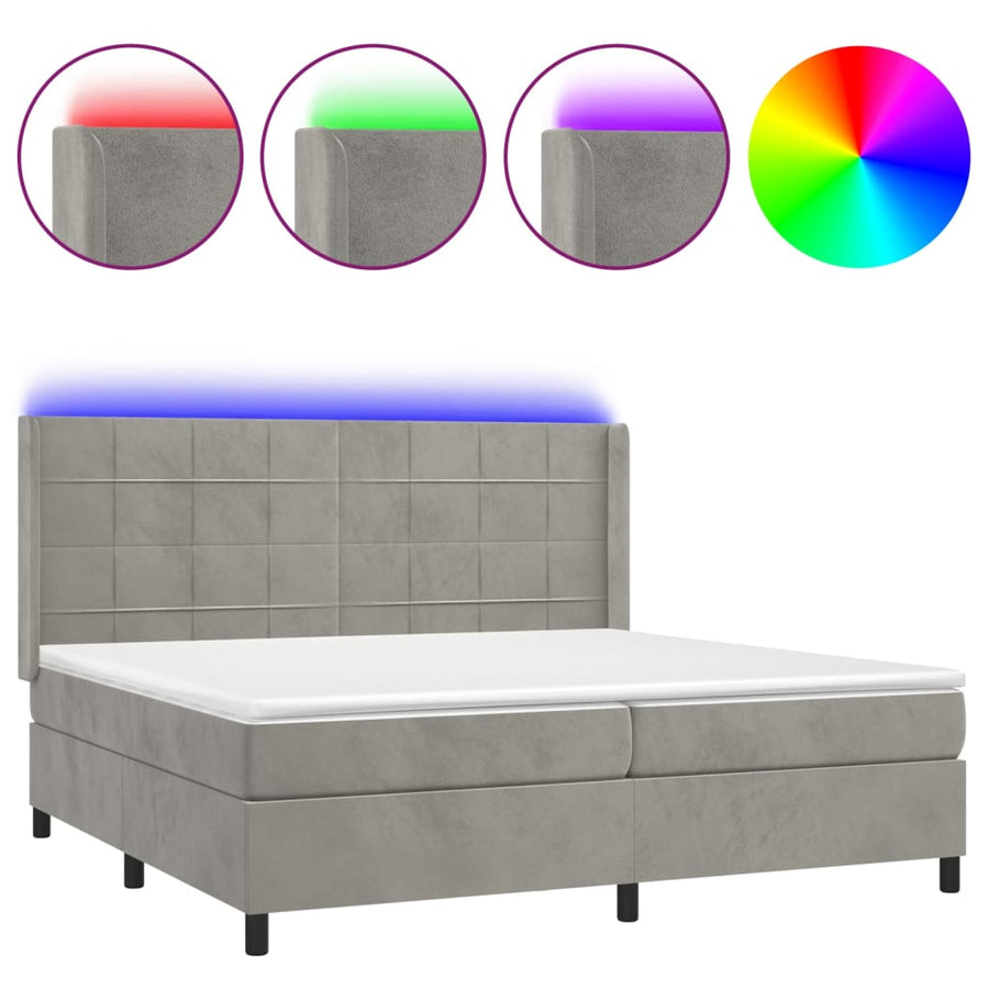Boxspring Met Matras En Led Fluweel Lichtgrijs 200 x 200 cm Blok met vierkanten