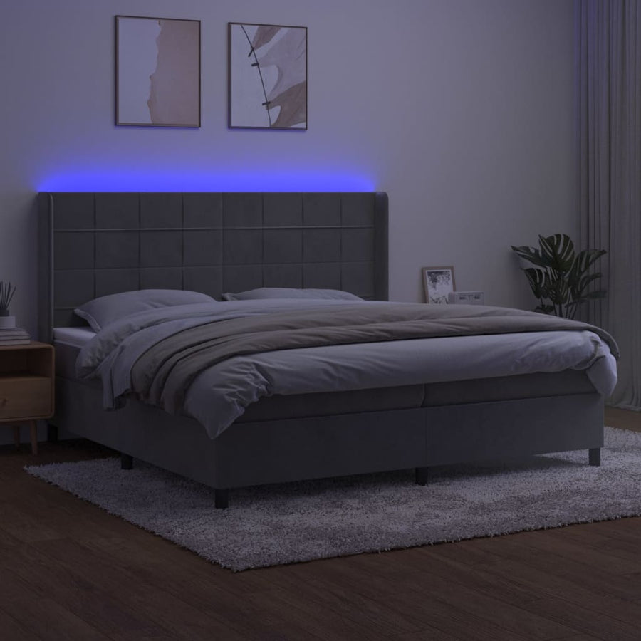 Boxspring Met Matras En Led Fluweel Lichtgrijs 200 x 200 cm Blok met vierkanten