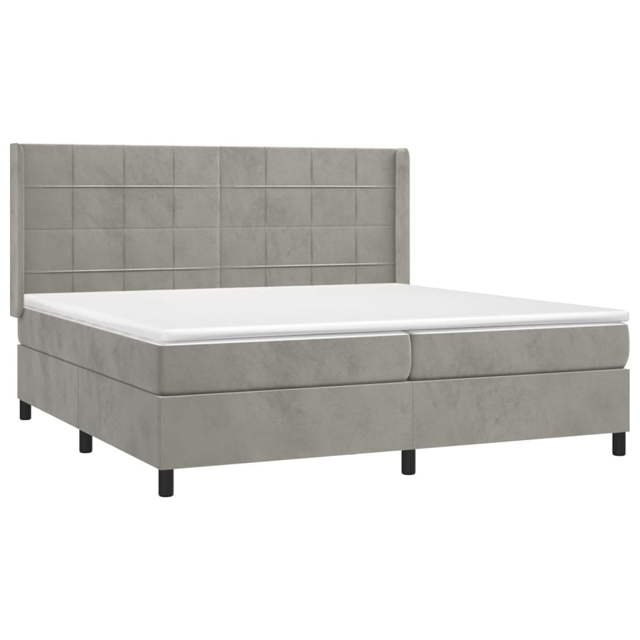 Boxspring Met Matras En Led Fluweel Lichtgrijs 200 x 200 cm Blok met vierkanten